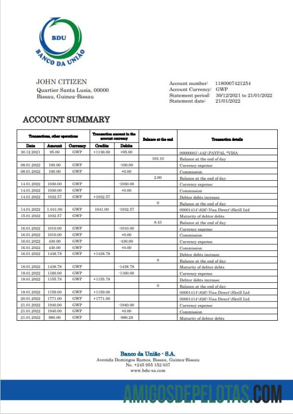Guinea Bissau Banco Da Uniao extrato bancário amostra